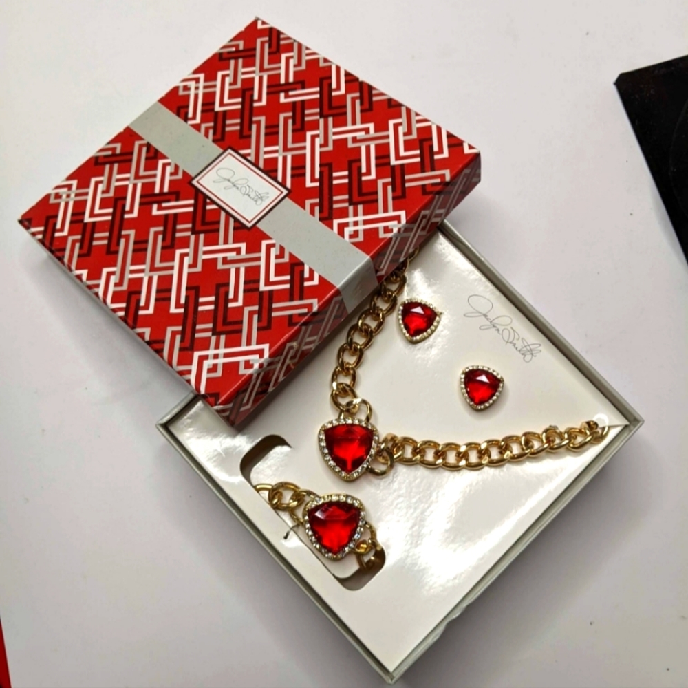 Jaclyn Smith 3pc Gold-tone and Red Rhinestones Jewelry